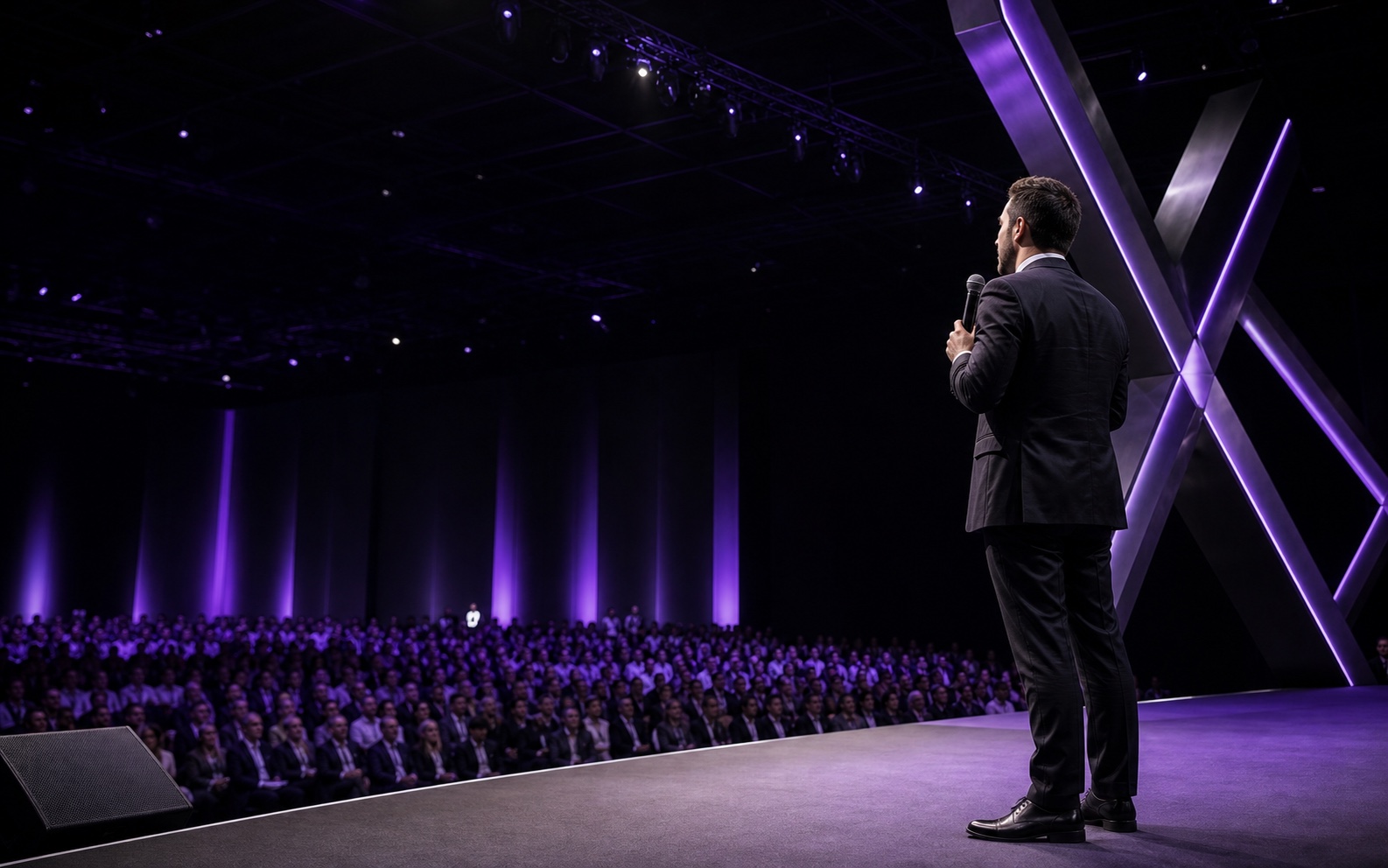Empresário apresentando em um grande palco empresarial