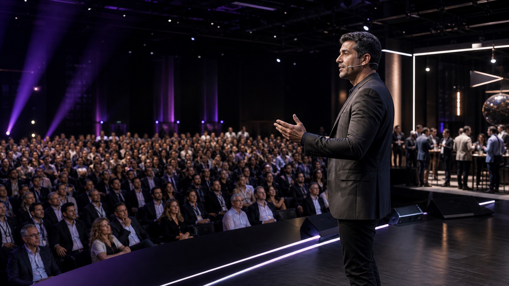 Palestrante apresentando sua autoridade diante de uma grande plateia empresarial